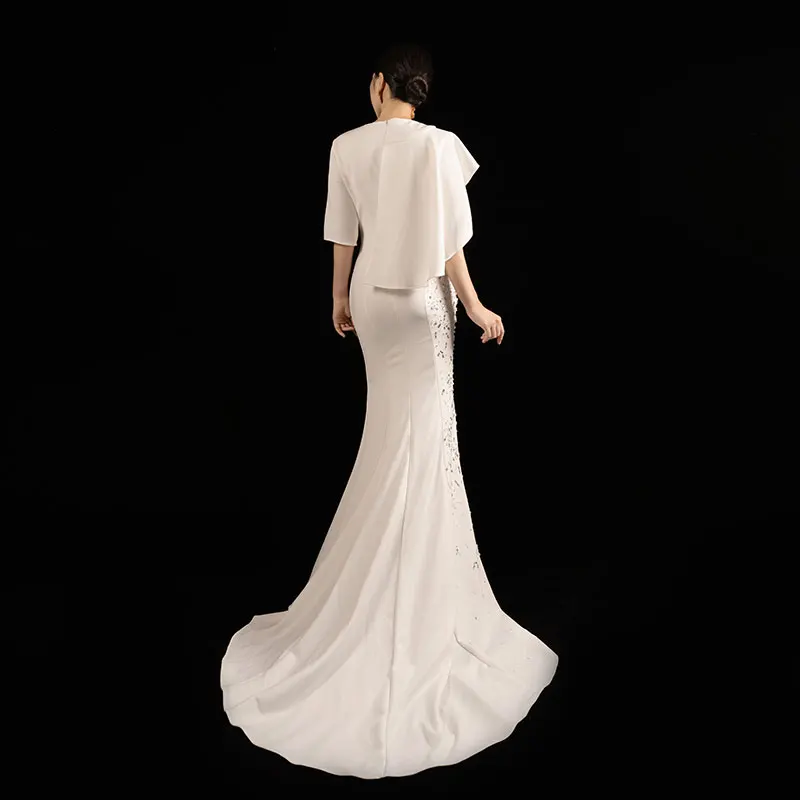 White Evening Dress Custom Made Sequin Handmade Beaded Elegant Modest Annual Meeting Stage Performance Prom H509