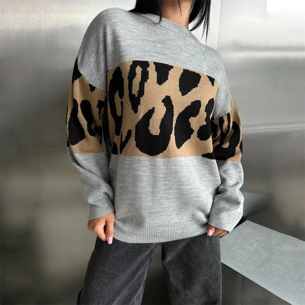 Autumn Winter Vintage Leopard Print Women\'s Sweater Loose Causal Oversized Knitwear Women Fashion Oneck Female Clothing 2024 New