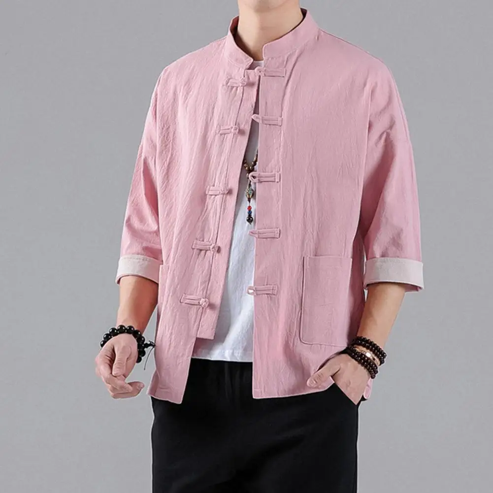 Men Tang Suit Vintage Chinese Style Men's Shirt with Knot Buttons Stand Collar Three Quarter Sleeves Plus Size Tang for Casual