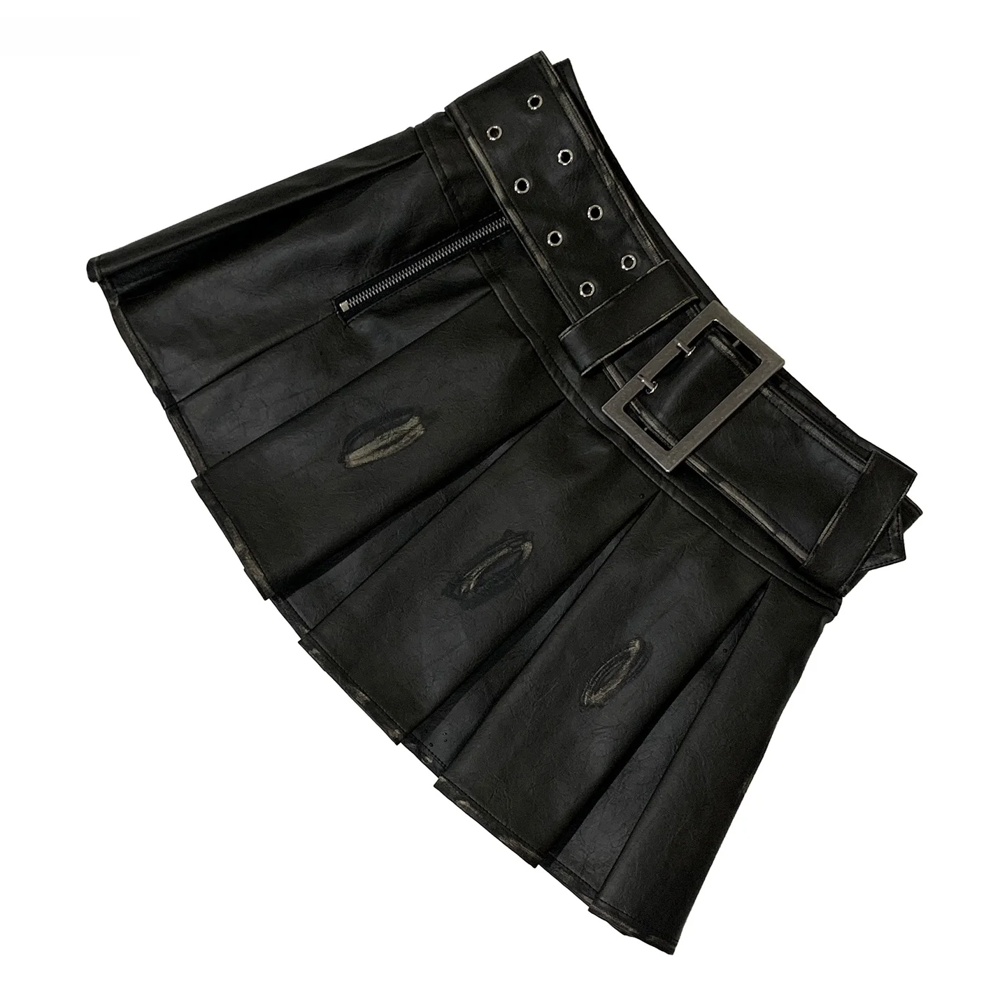 

Nerazzurri High Waist ort American Retro Leather Skirt Women's A-Line Pleated Skirt Distred Color Blo Bla