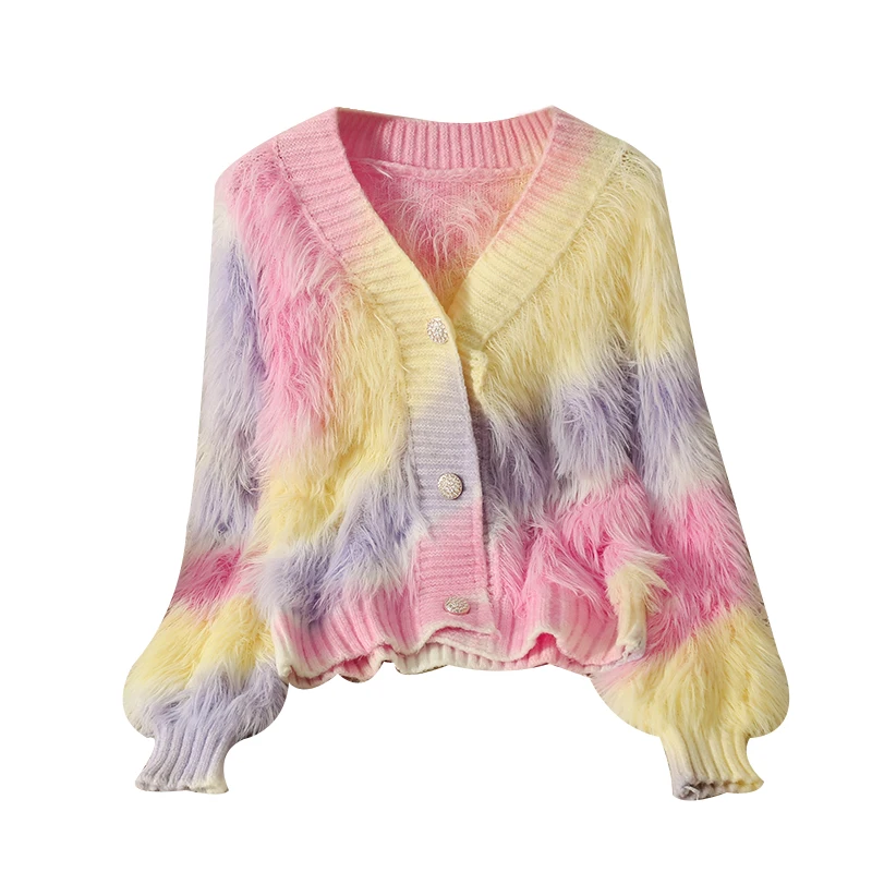 Colorful Striped Knitted Cardigan Sweater For Women\'s Autumn Winter 2023 Lazy Style Loose V-neck Sweet Comfortable Soft Coat