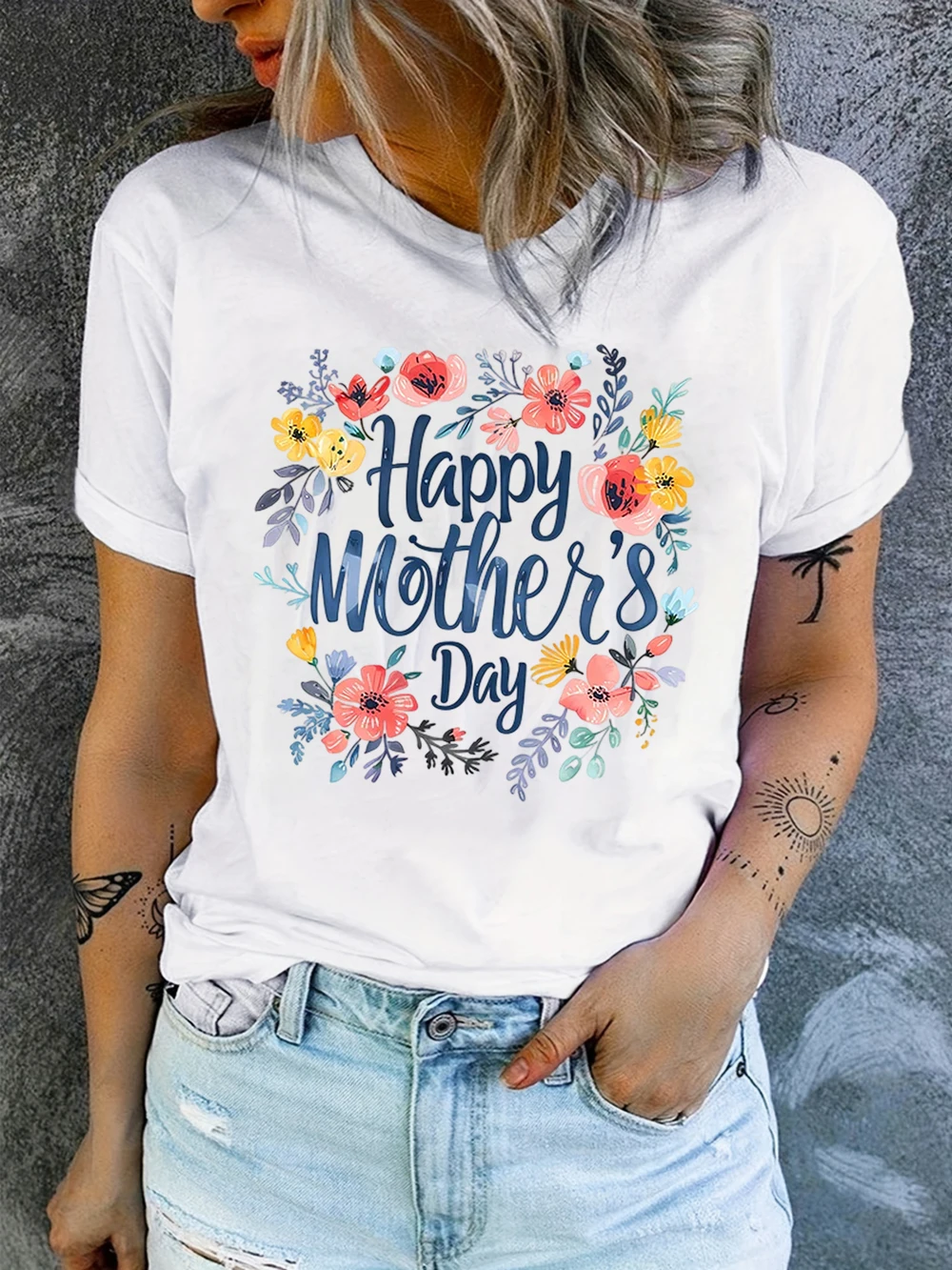 Boho Floral Mother's Day T-Shirt, Minimalist Hand-Drawn Flower Print Casual Tee, Mom Gift  Women Clothing Harajuku T Shirts