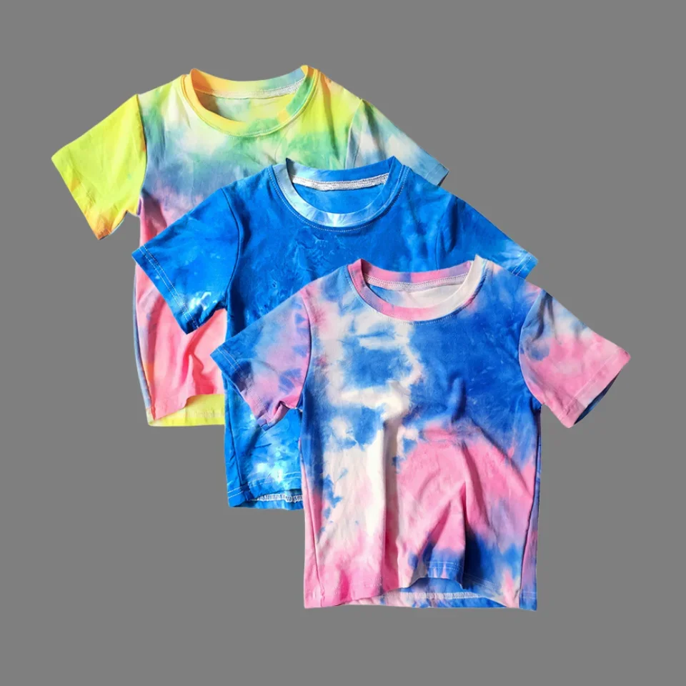 

Kids Summer T-shirt Dye Print Tops Tees Fashion Korean Colorful Short Sleeve Tshirt Sport Girls Casual Top Shirts Children Tee