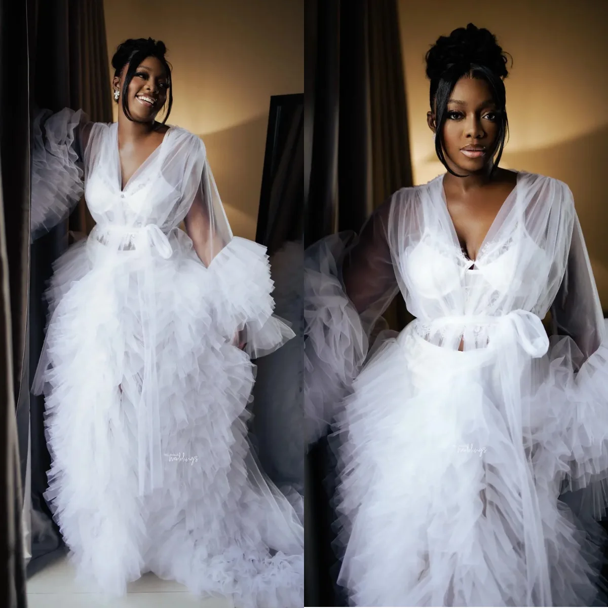

White Puffy Ruffles Wedding Robe Maxi Bride Bathrobe Lingerie Women Gowns Customized Tiered Tulle Pajamas Dress For Engagement