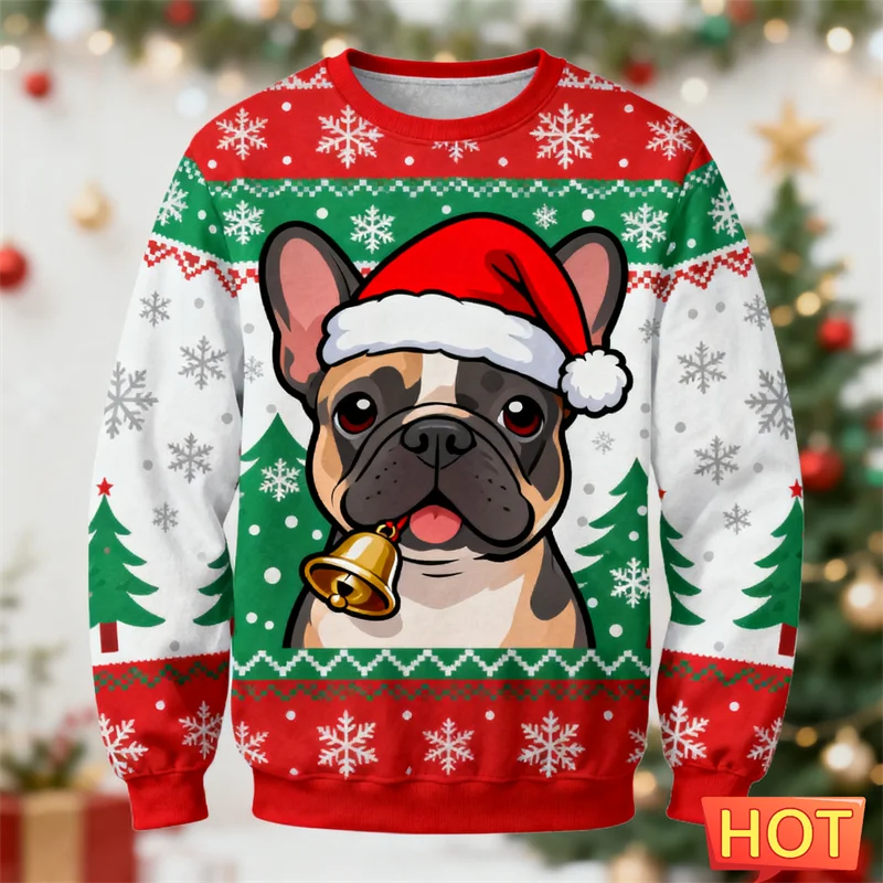 2026 New French Bulldog Graphic Ugly Christmas Sweater Fashion Cute Dog 3D Printed Xmas Sweatshirts Casual Oversized Pullovers