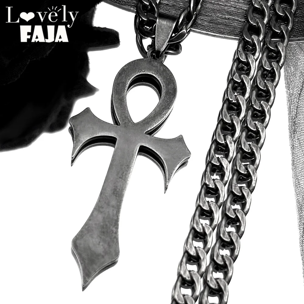 Goth Egyptian Cross Ankh Key of Life Pendant Necklace Stainless Steel Black Color Amulet Chain Necklaces Gothic Jewelry Gift