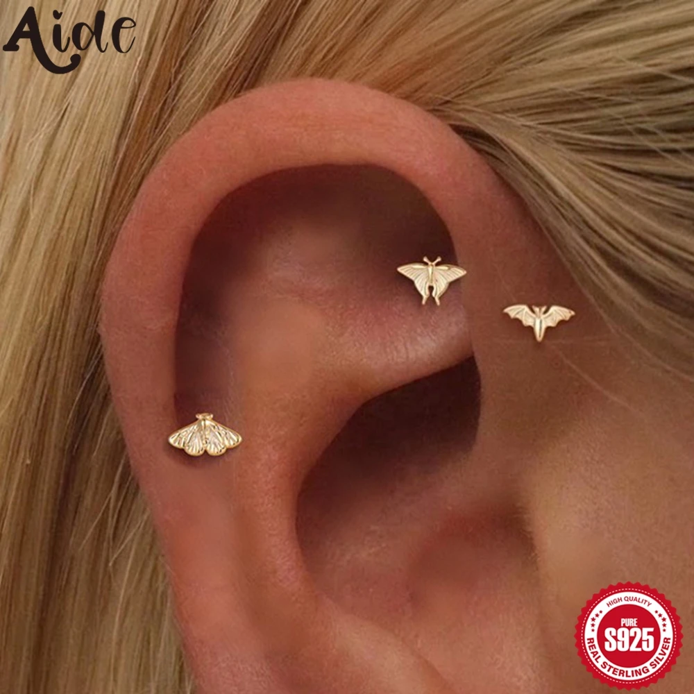 Aide Insect Wacky Flat Thread Piercing Ear Bone Studs For Women 925 Sterling Silver Bat Butterflies Bees Stud Earring Pendientes