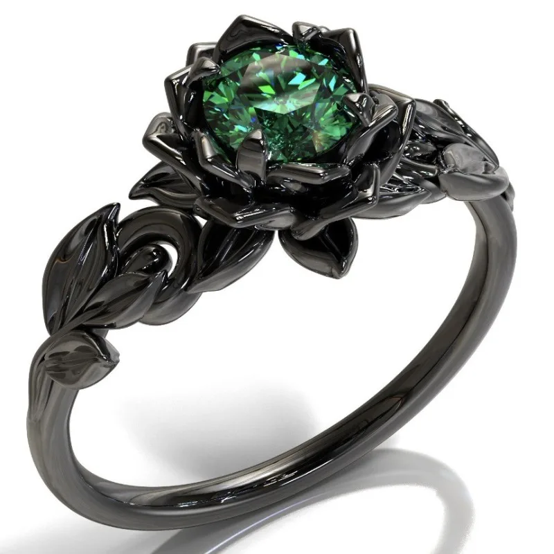 

Delicate Women Rings Black Color Flower Round Green Stone Rings Party Accessories Gift