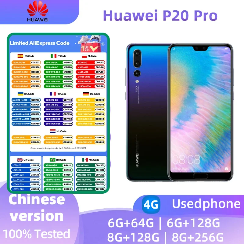 HUAWEI P20 Pro 4g Smartphone Kirin 970  Store 6.1 Inch 40MP+24MP Camera 4000mAh Android Google Play Used Phone