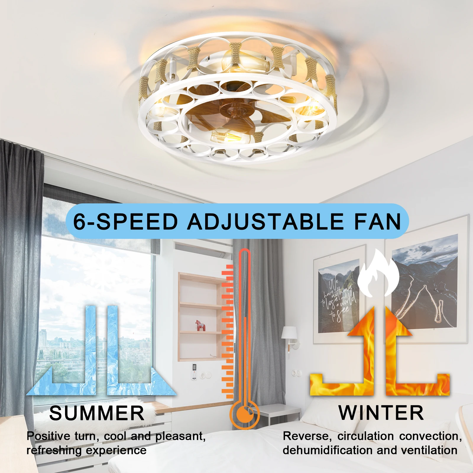 White Caged Ceiling Fan with Lights Remote Control,Semi -embedded Ceiling fans, 6 Speeds Reversible Blades, 4 Bulbs Include