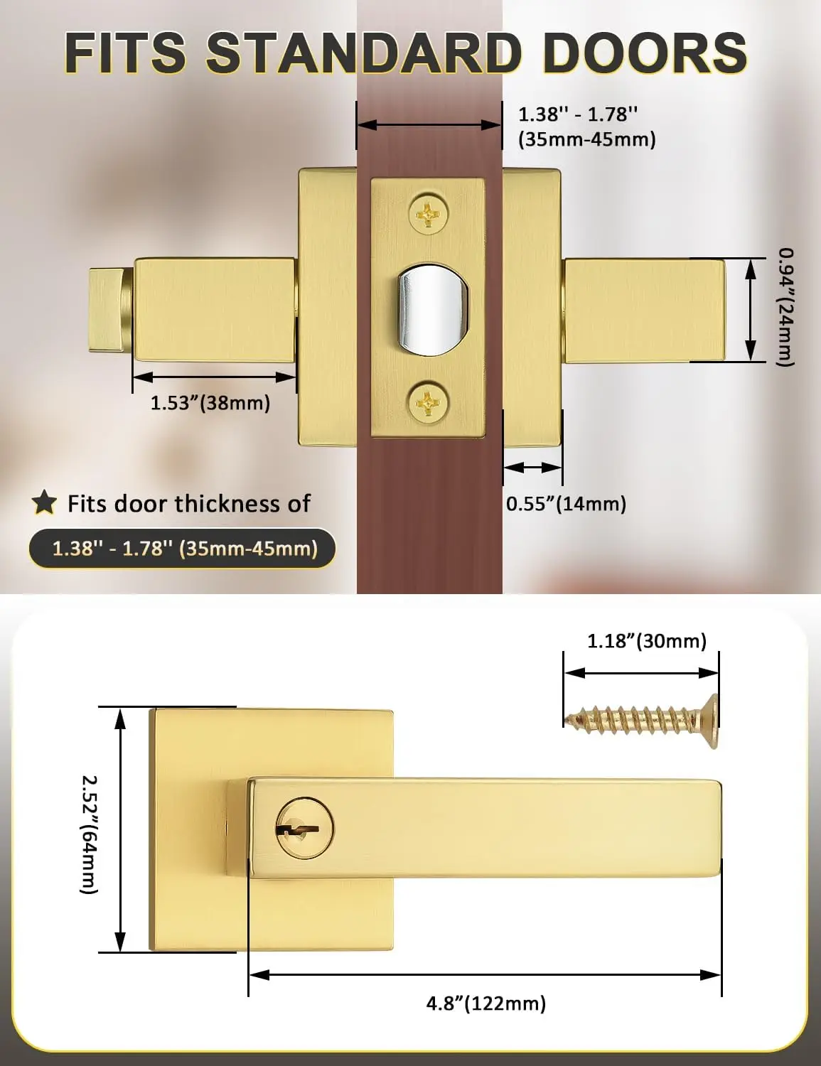 Square Gold Door Handles with Lock and Key,Gold Reversible Door Lever,Heavy-Duty Exterior/interior door key for Bedroom Bathroom