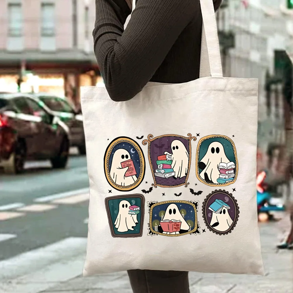 Spooky Halloween Canvas Tote Bag with Books & Candy Design Beige Shoulder Bag Halloween Decorations, and Party Favors Handbags