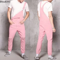 Pink Retro Men's Jeans Jumpsuits Denim Strap Pants Fashion Streetwear Cowboy One Piece Pants Distressed Casual Trousers for Men