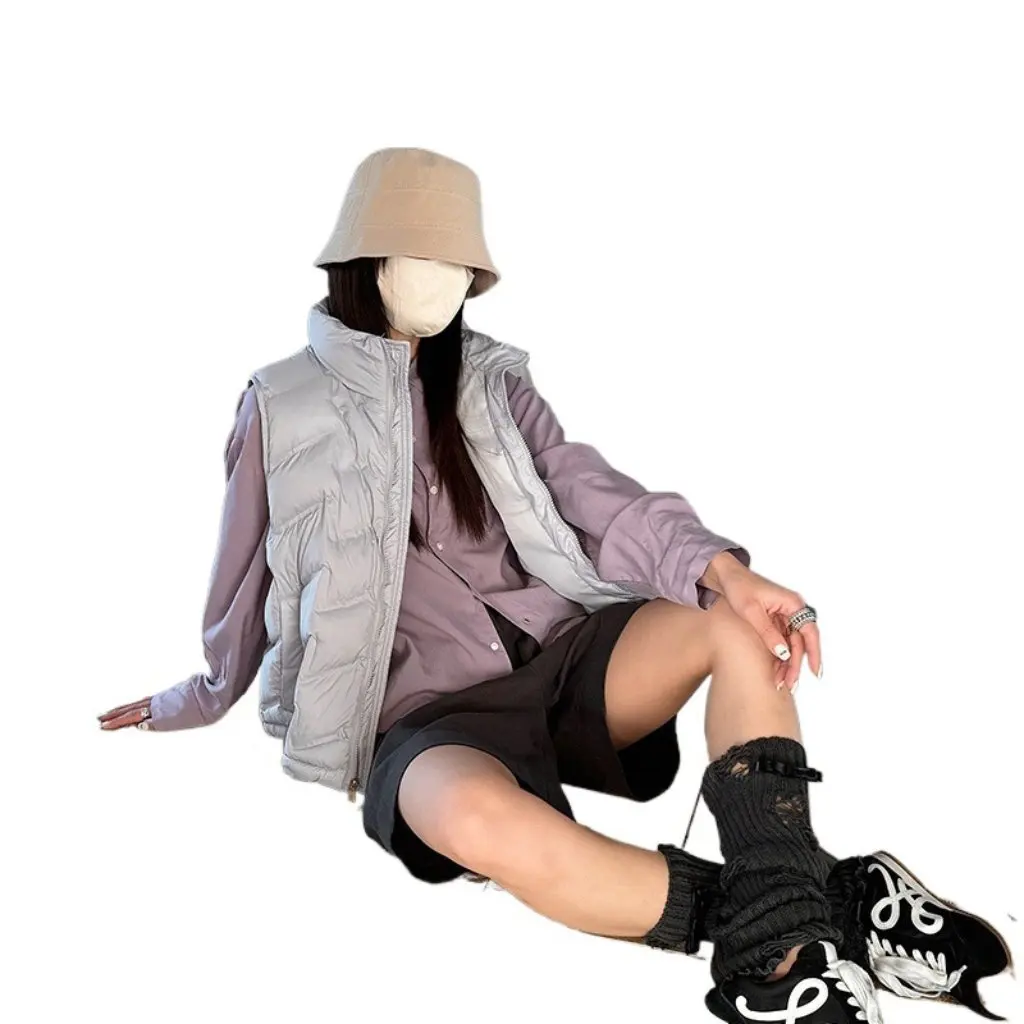 

Women's Cotton Vest Short Fit Lightweight Stand Collar Autumn Winter New Style Korean Version Pocket Zipper Fashion Top