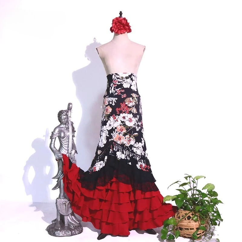 Abito da spettacolo per costumi di danza del ventre con gonna di danza dell'anca con borsa da rimbalzo alta personalizzata di flamenco stampato