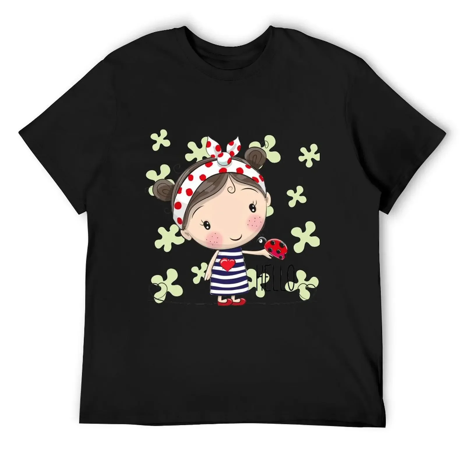 Cartoon Girl with a bow and ladybug T-Shirt blacks vintage clothes graphic tee shirt tee shirts for men