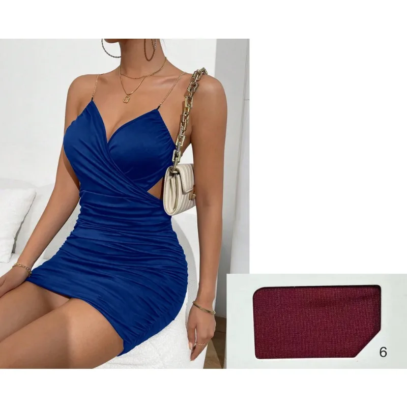 Women Spaghetti Strap Bodycon Mini Dress V Neck Wrap Ruched Cutout Waist Slim Party Club Night Out Elegant Casual Short Dresses - view 5