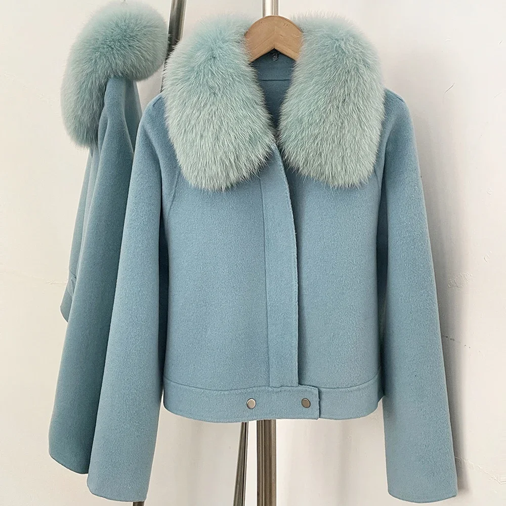 Elegant Double Sided Coat Women Cropped Short Wool Jacket Female New Real Fox Fur Collar Zip Up Wool Coat Winter Outerwear