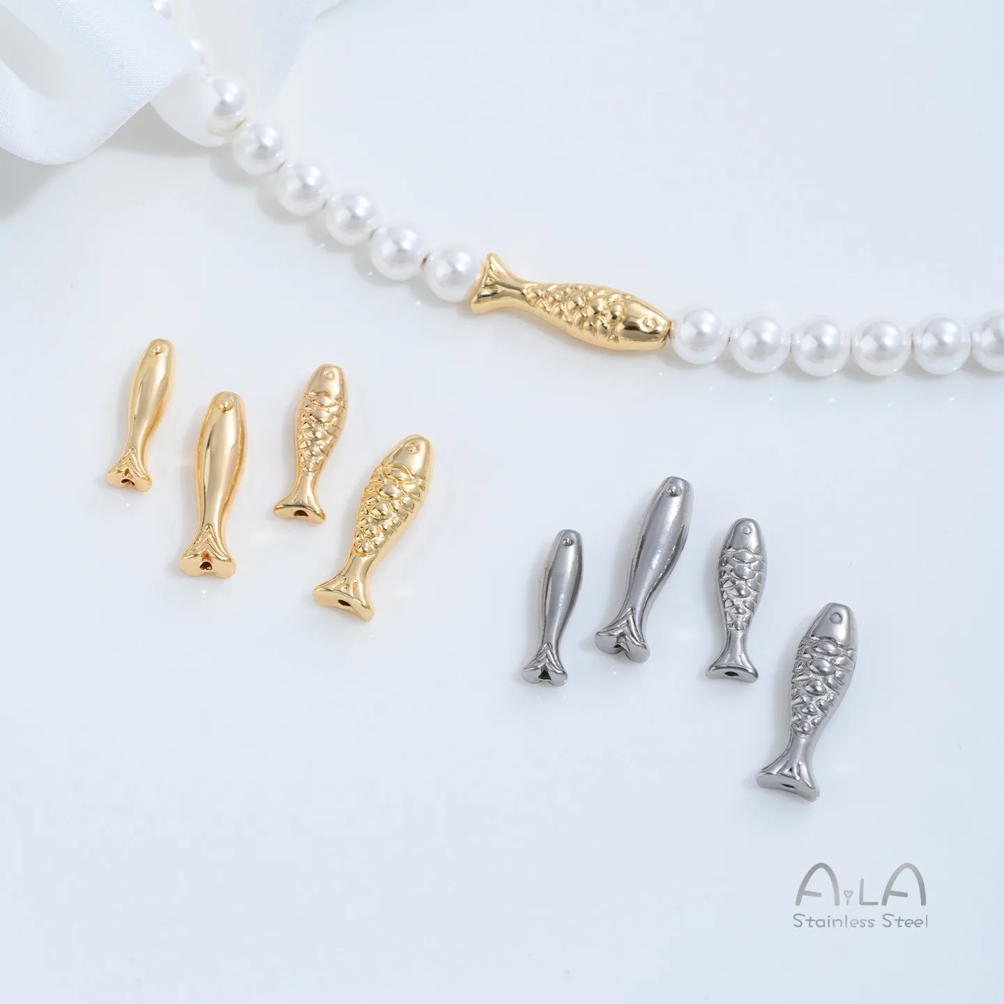 Non-Fading Titanium Steel Smooth Fish Scale & Small Fish Spacer Beads DIY Crystal Pearl Bracelet Necklace Jewelry Findings