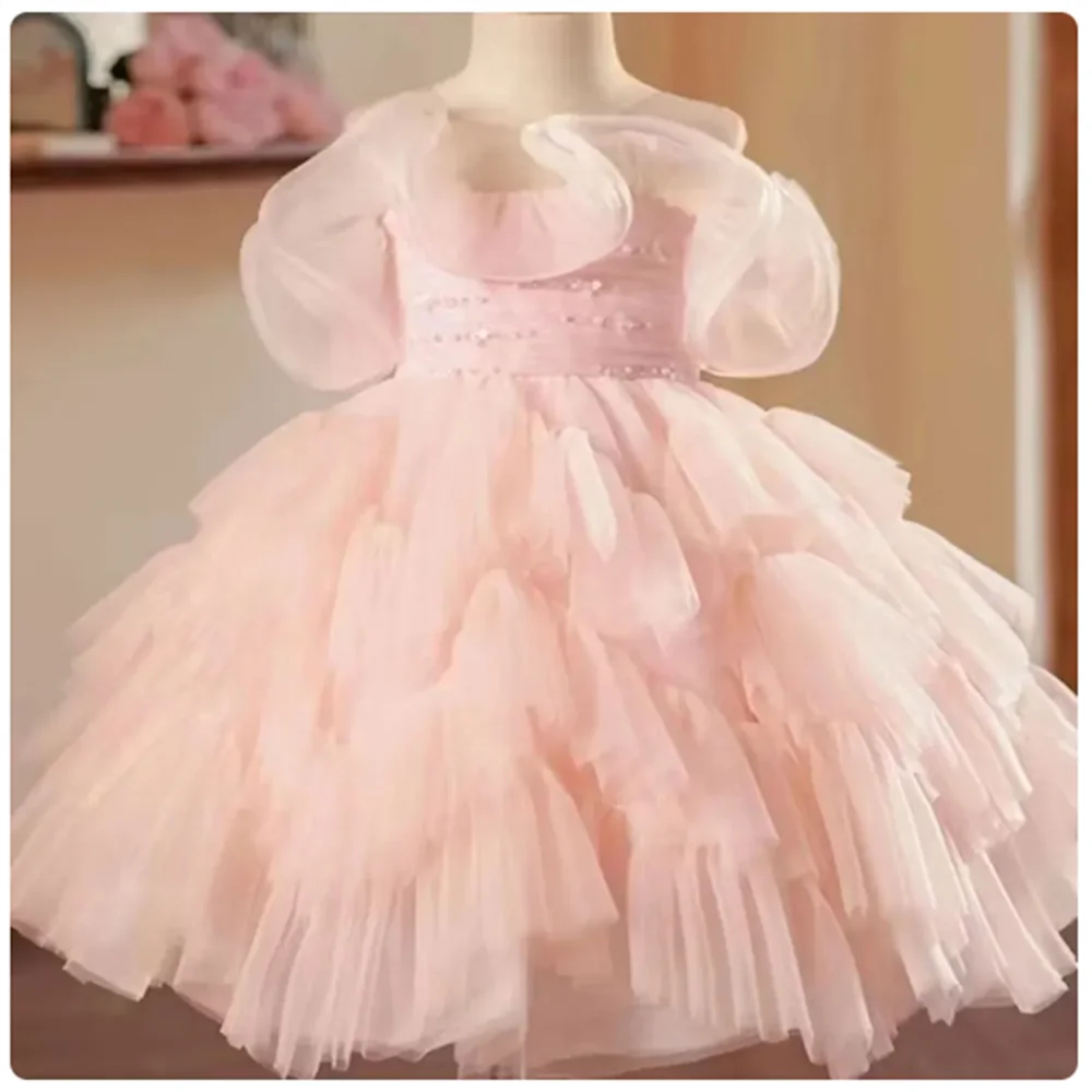 Elegant Pink Flower Girl Dress Beaded Baby Kids Princess Wedding Birthday Party First Communion Customize Gown