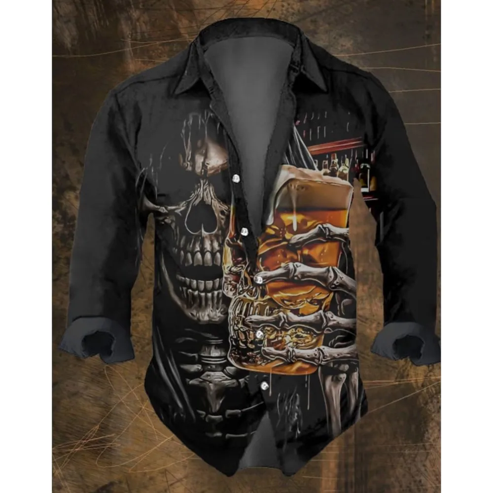 

2026 Мужская винтажная рубашка с длинными рукавами и принтом темного черепа для Хэллоуина - с принтом черепа, обычный воротник с лацканами, смесь полиэстера