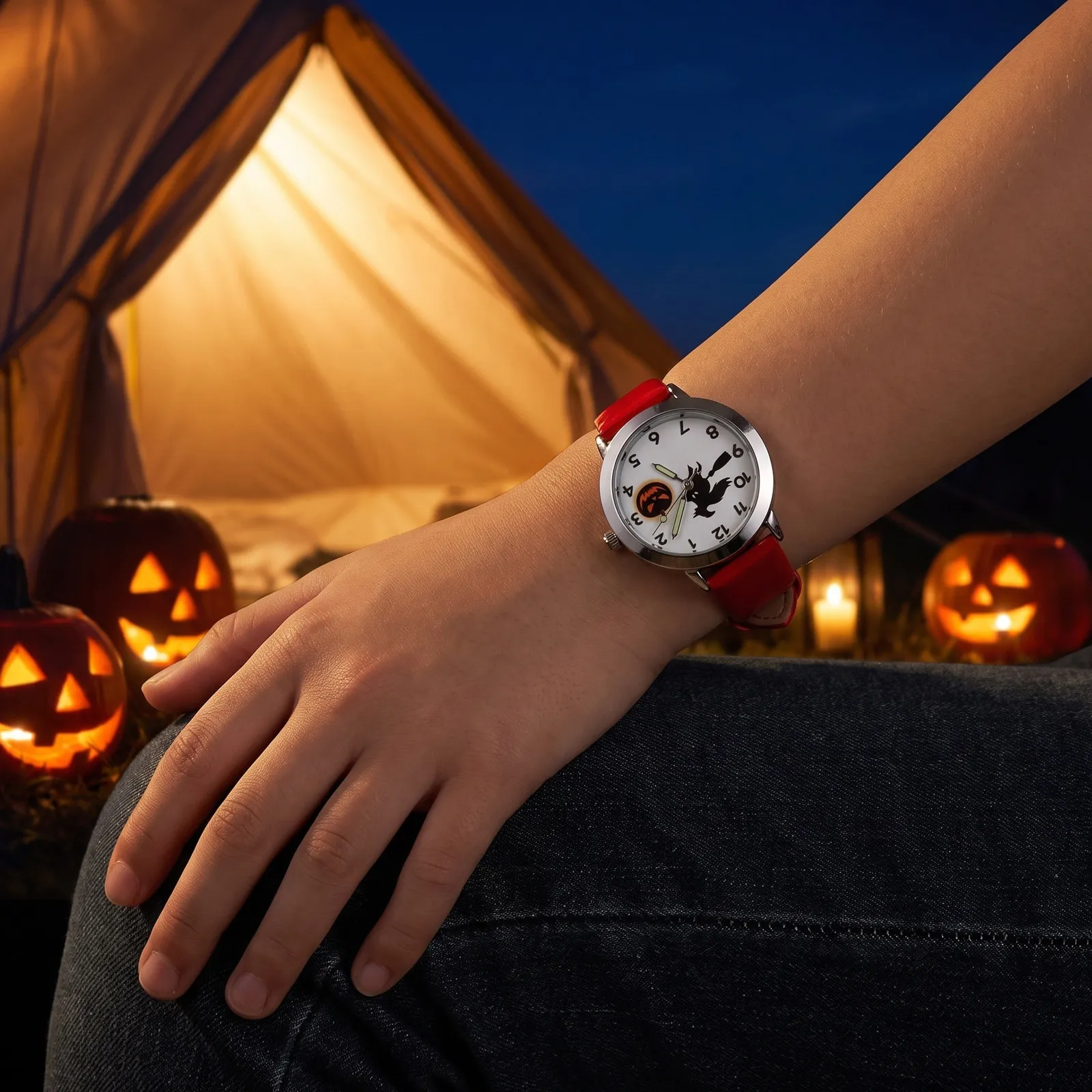 1Pcs Watch Halloween Pumpkin Lantern Witch Design Luminous Pointer Quartz Wristwatch for
