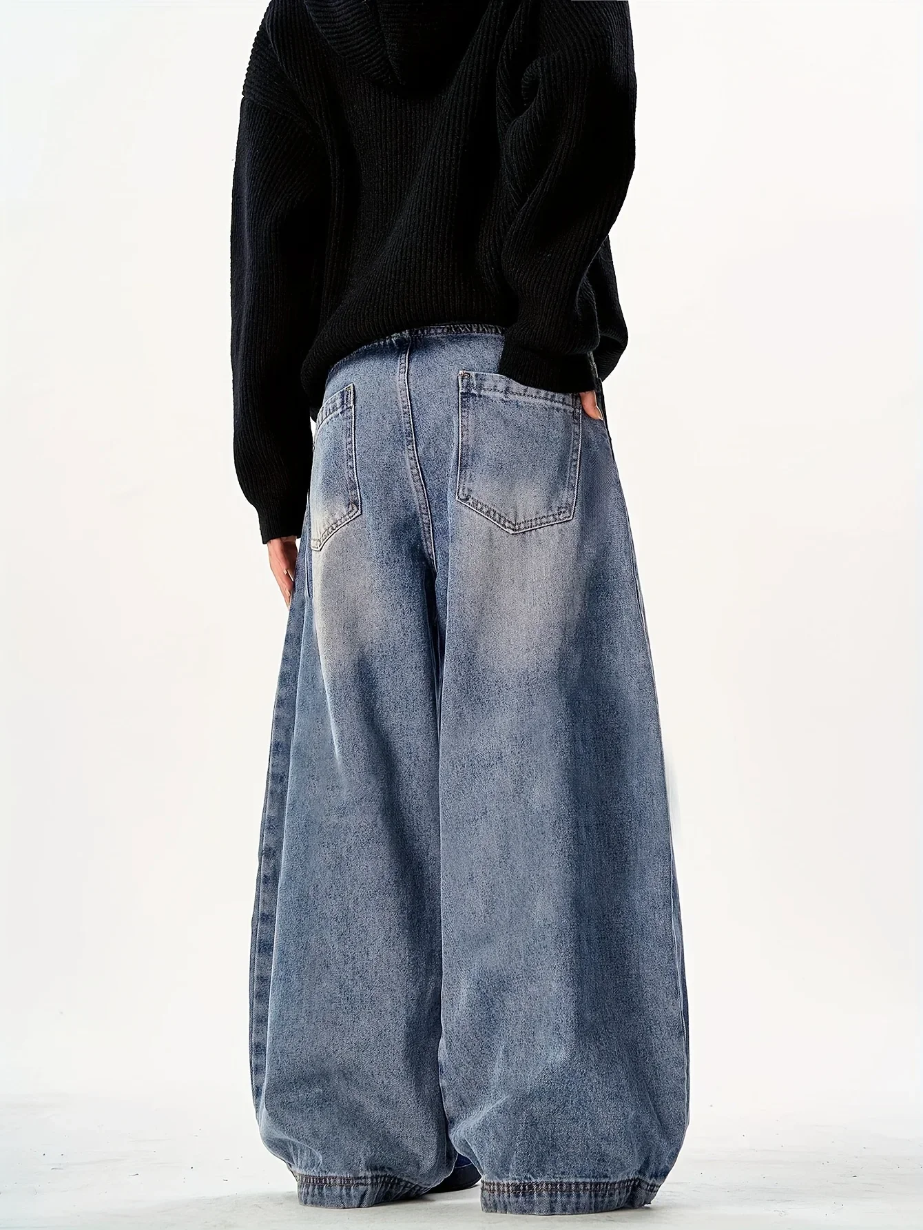1pc American baggy jeans, distressed washed wide-leg pants, comfortable men's and women's trousers