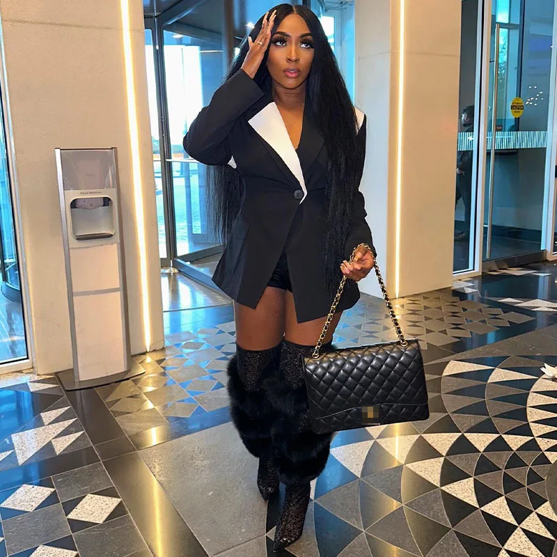 M3206 Women's Fashion Black-Tone Elegant Suit Jacket with Contrast Collar, Single Button Design, Sexy Deep V-neck Suit Jacket