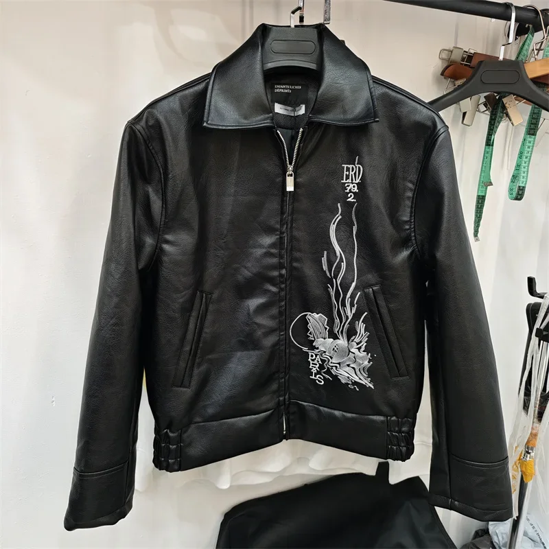 Man Black Erd jacket embroidered pattern fashionable casual Motorbike Leather Jacket