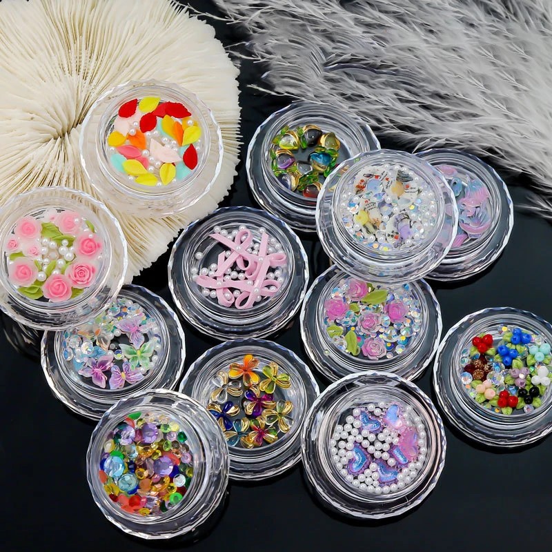 1Box Nail Art Pearls Butterfly Resin Stones Gems Multi-Styles Sparkle Nail Designs Charms DIY Manicure 3D Decals Crafts