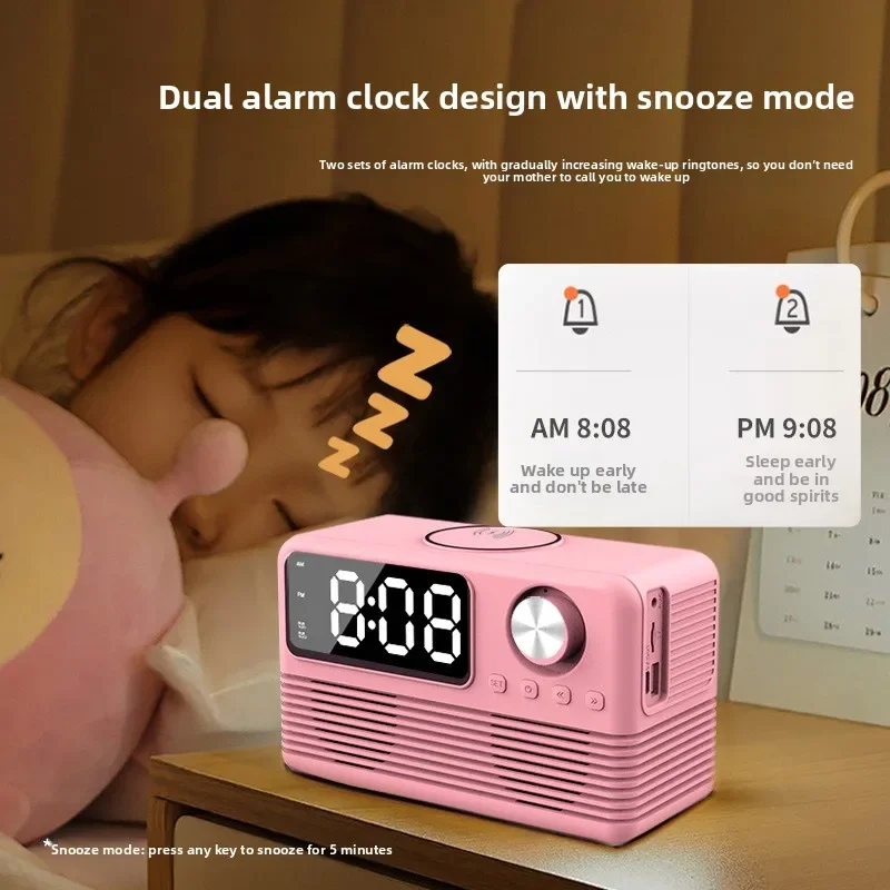 

Портативная Bluetooth-колонка с LED-дисплеем в ретро-стиле, беспроводной зарядкой, часами, будильником и радио