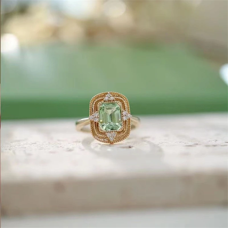 French Vintage Green Zircon Geometric Ring Women Fashion Stainless Steel Adjustable Ring Jewelry Accessories Anniversary Gift