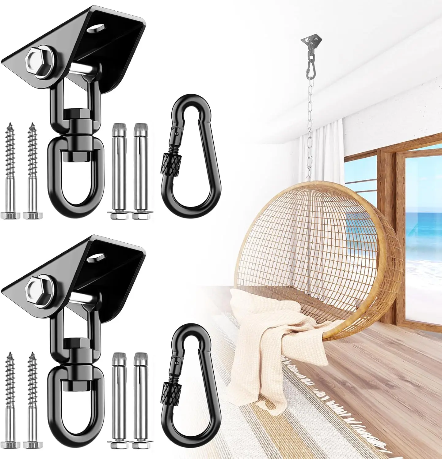 

2 Pa Porch Swing Hanging Kit, 360°Rotating 1200 Lb Acity Hanger For Porch Swing, Hammocks, Swing Chair, Hanging Chair