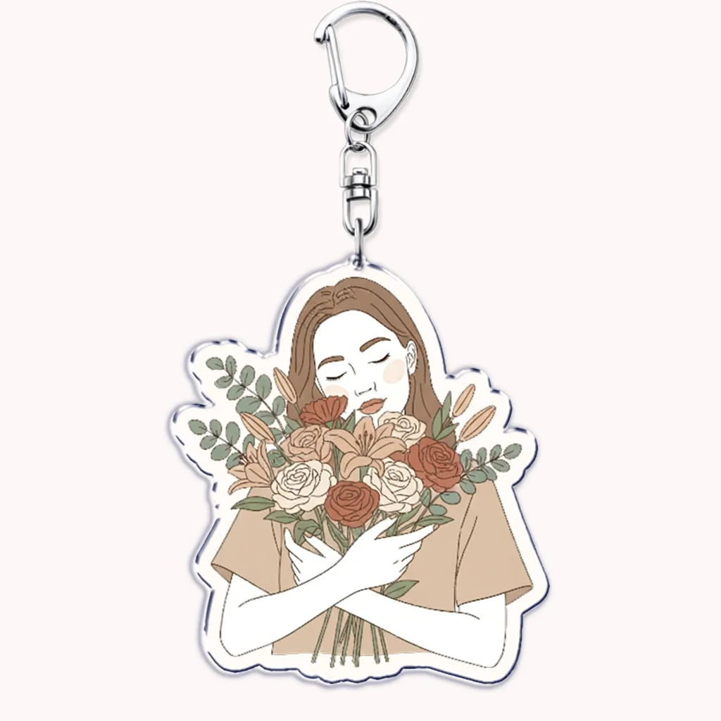 Fashion Spring Woman Holding Flowers Portrait Keychain for Accessories Floral Bouquet Renaissance Keyring Jewelry Fans Gifts