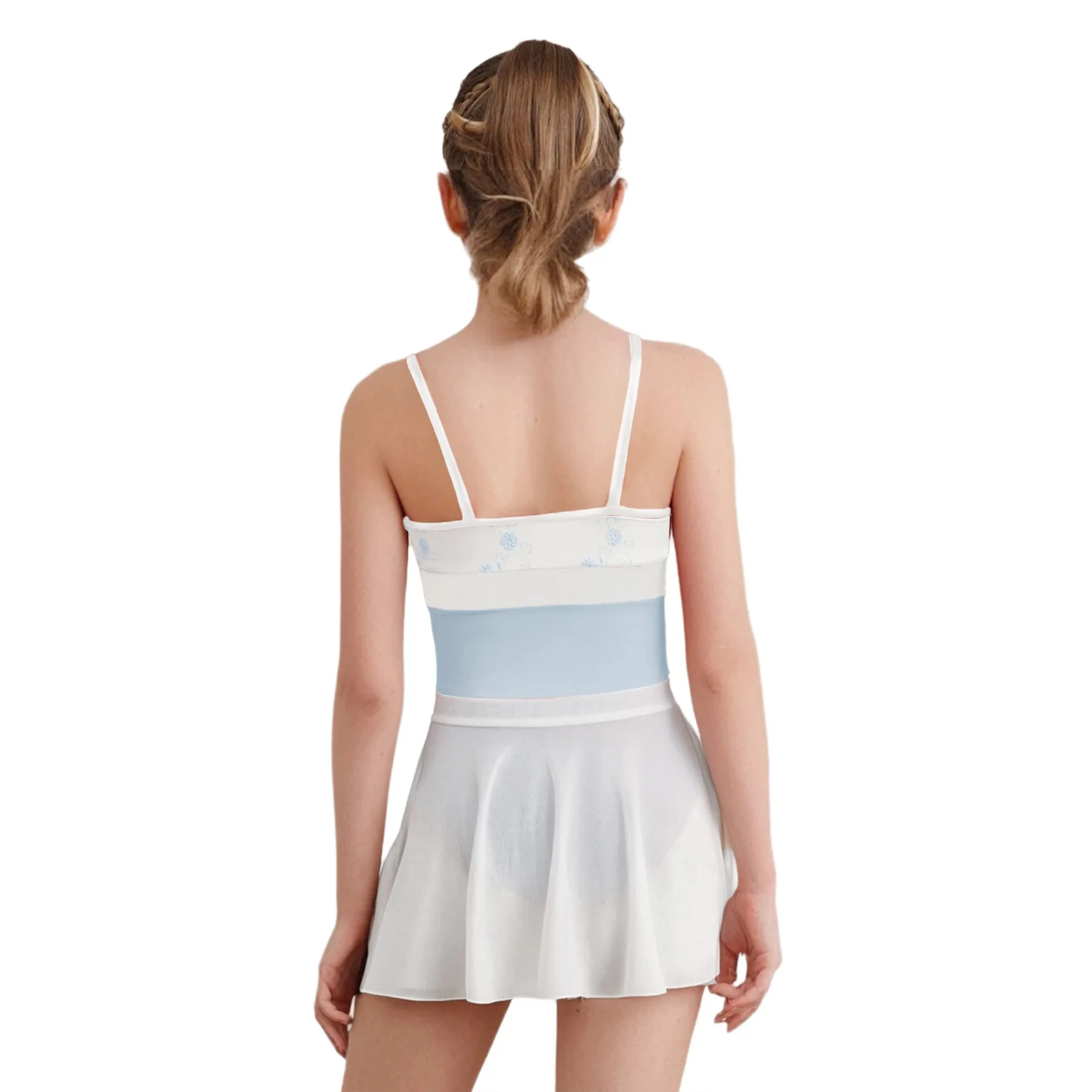 Kids Girls Ballet Leotard Outfits Floral Embroidery Sleeveless Spaghetti Straps Color Block Leotard+Skirt Lyrical Dance Dress