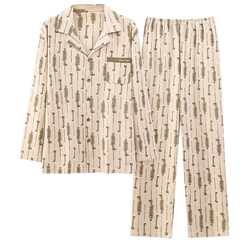 Newest Men Pajamas Set 100% Cotton Turn-down Collar Sleepwear Male Autumn Long Sleeve  Pyjamas