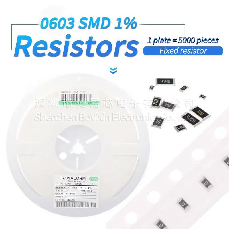 

5000Pcs 0603 1% high precision chip resistor 1R 2R 3R 4R 5.6R 10R 20R 30R 40R 56R 68R 82R 0.1R 100R 220R 470R 1K 10K 20K 33K 82K