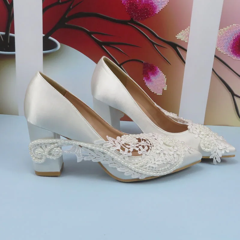 Pointed Toe White Bridal Wedding shoes Thin Heel Ladies high Pumps woman Fashion Party Dress shoes Shallow High Pumps Slip-on