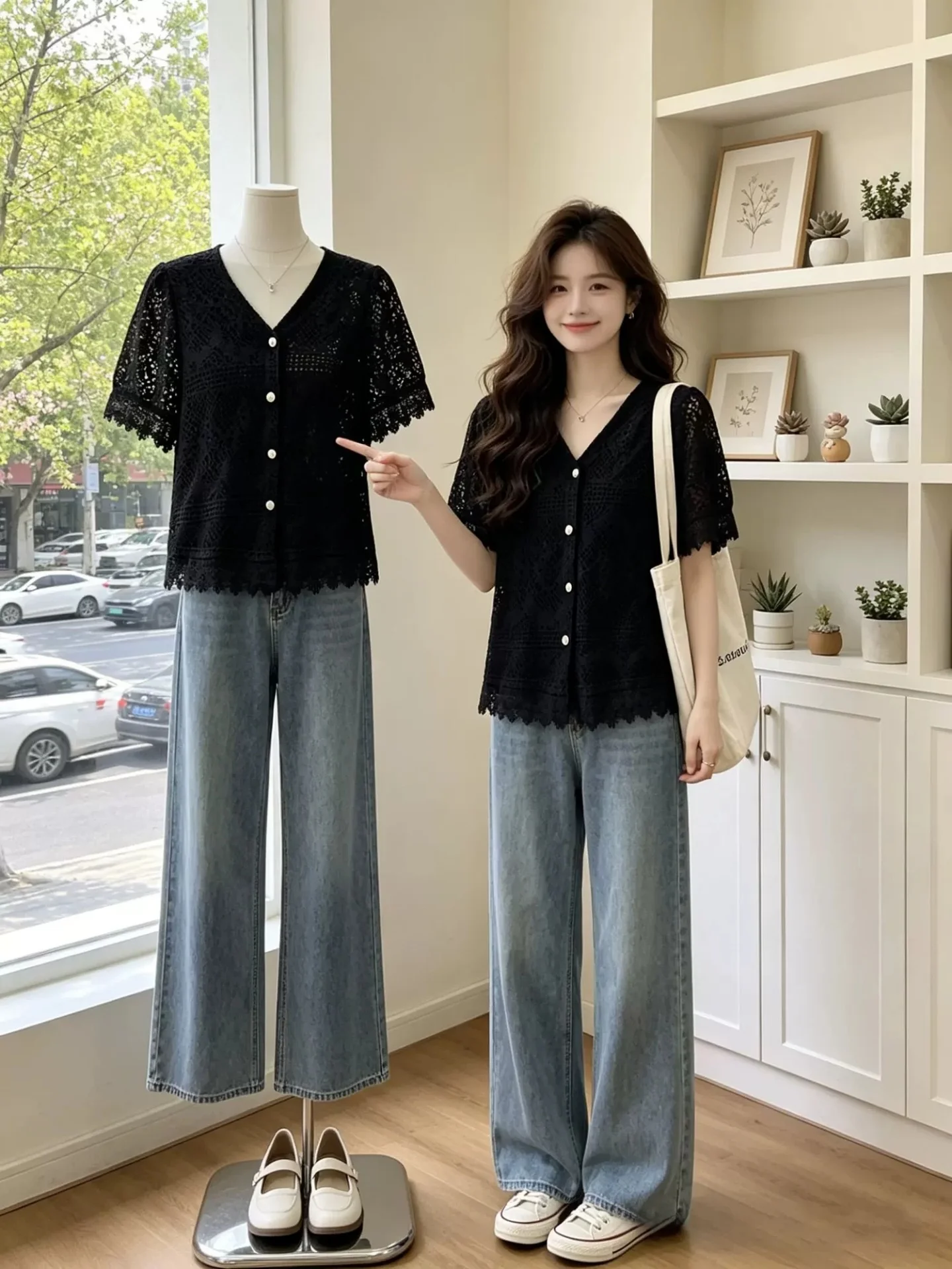 

Elegant Black V-Neck Short Sleeve Base Shirt Women Summer plus Size Slimming Hollow out Top Korean Style Knitted Casual Shirt