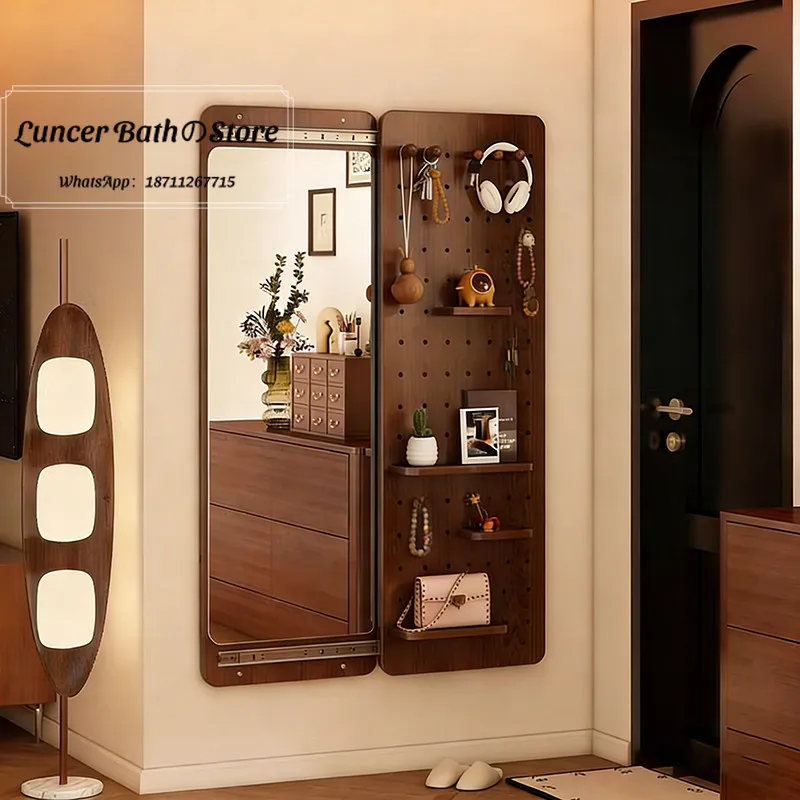 Sliding Hidden Pegboard Integrated Full Length Mirror Wall Mount Entryway Hidden Storage Dressing Organizer Rack