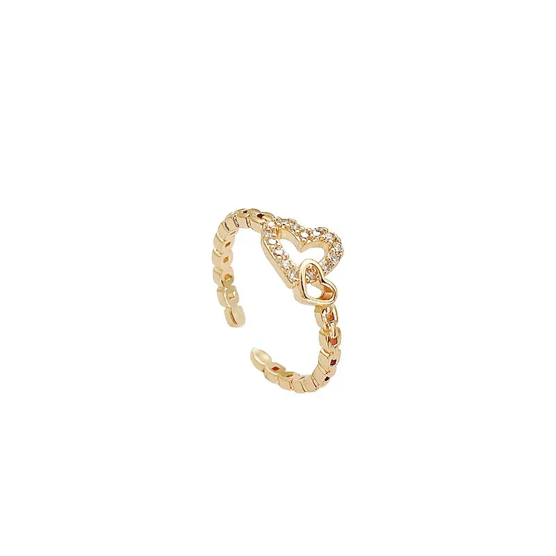 Modische offene Ringe mit doppeltem Herz für Damen, goldfarben, mit Kristallkette, Mädchen, koreanischer Party-Schmuck, Geschenk – Detail 6
