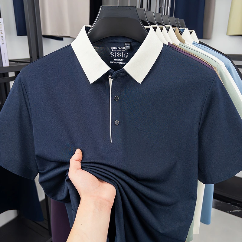 Herren-Poloshirt mit Farbblock-Kragen, schnelltrocknend, atmungsaktives Material, Kurzarm, Reverskragen, für Business und Freizeit. – Detail 9