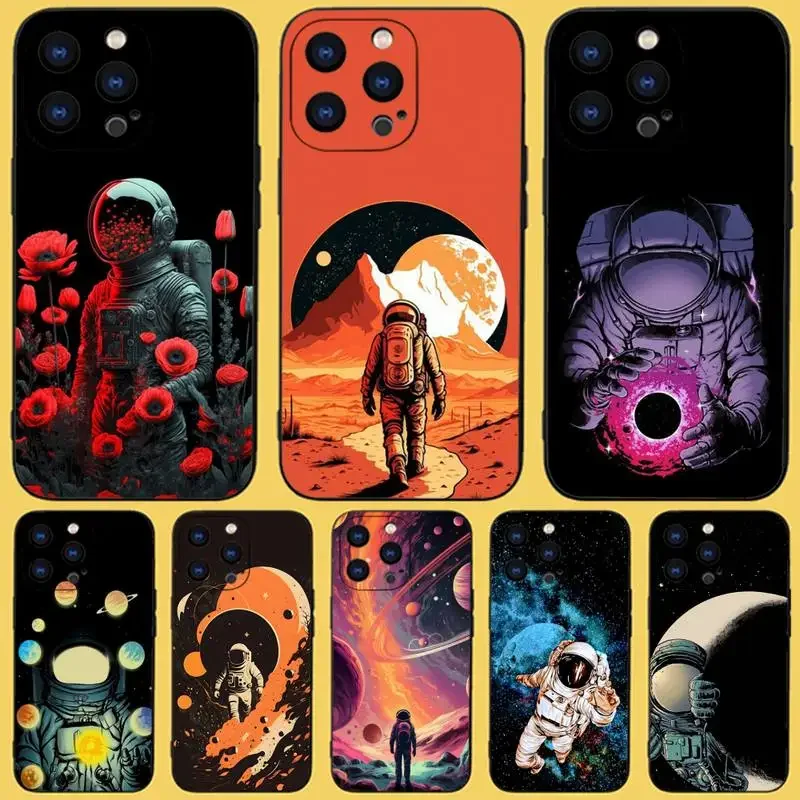 Outer Space Astronaut Planet Phone Case For iPhone 15,14,13,12,11 Plus,Pro,Max,XR,XS,X,7,8 Plus,SE,Mini Black Silicone Soft