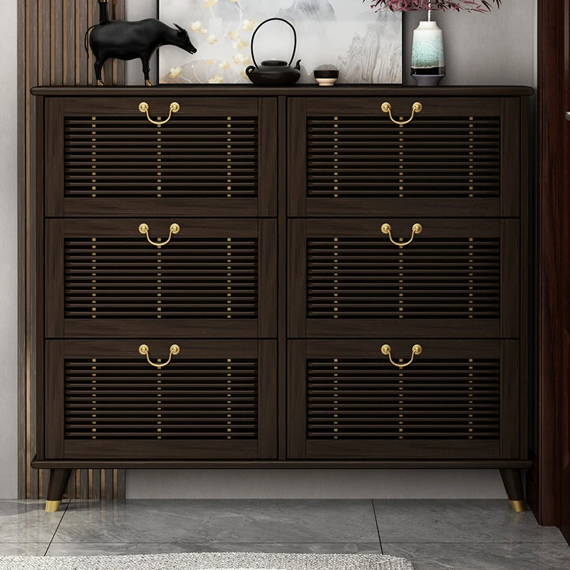 ZK Ultra-Thin Shoe Cabinet Pure Solid Wood New Chinese Style Tilting Shoes Cabinet Home Entrance Lobby Entrance Cabinet