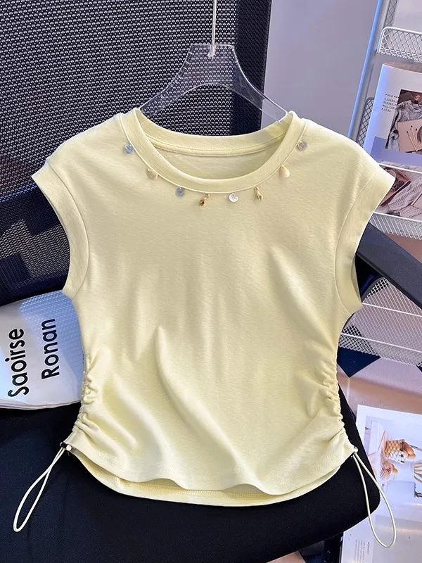 Ele ort Svel round Ne T-irt Women's New 2025 Slimming Pleated Waist Design Summer Faionable Top