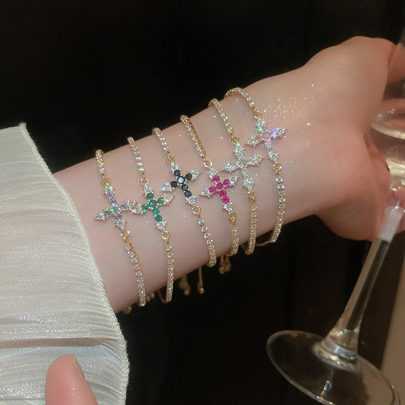 

Minar Cool Candy Color CZ Cubic Zirconia Cross Charm Bracelets for Women 14K Real Gold Plated Copper Chain Adjustable Bracelet