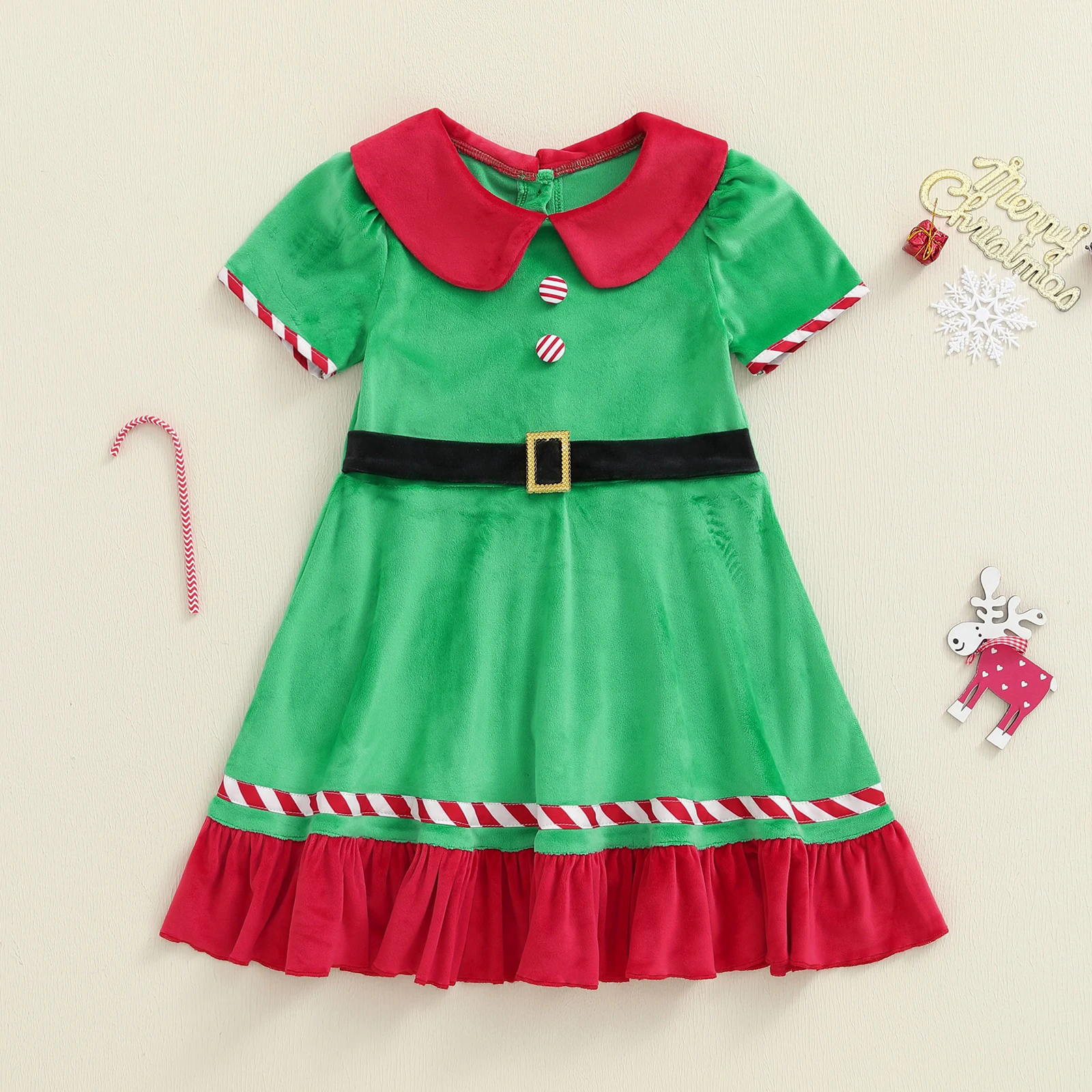 2-6Y Kids Little Girls Santa Claus Dress Christmas Short Sleeve Doll Collar A-line Dresses Cute Cirls Xmas Costume