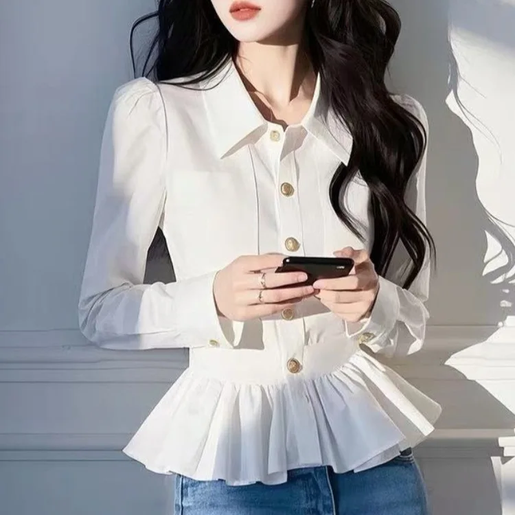 

Polo collar white shirt women's spring 2025 new foreign style shirt French temperament ruffle edge top trendy