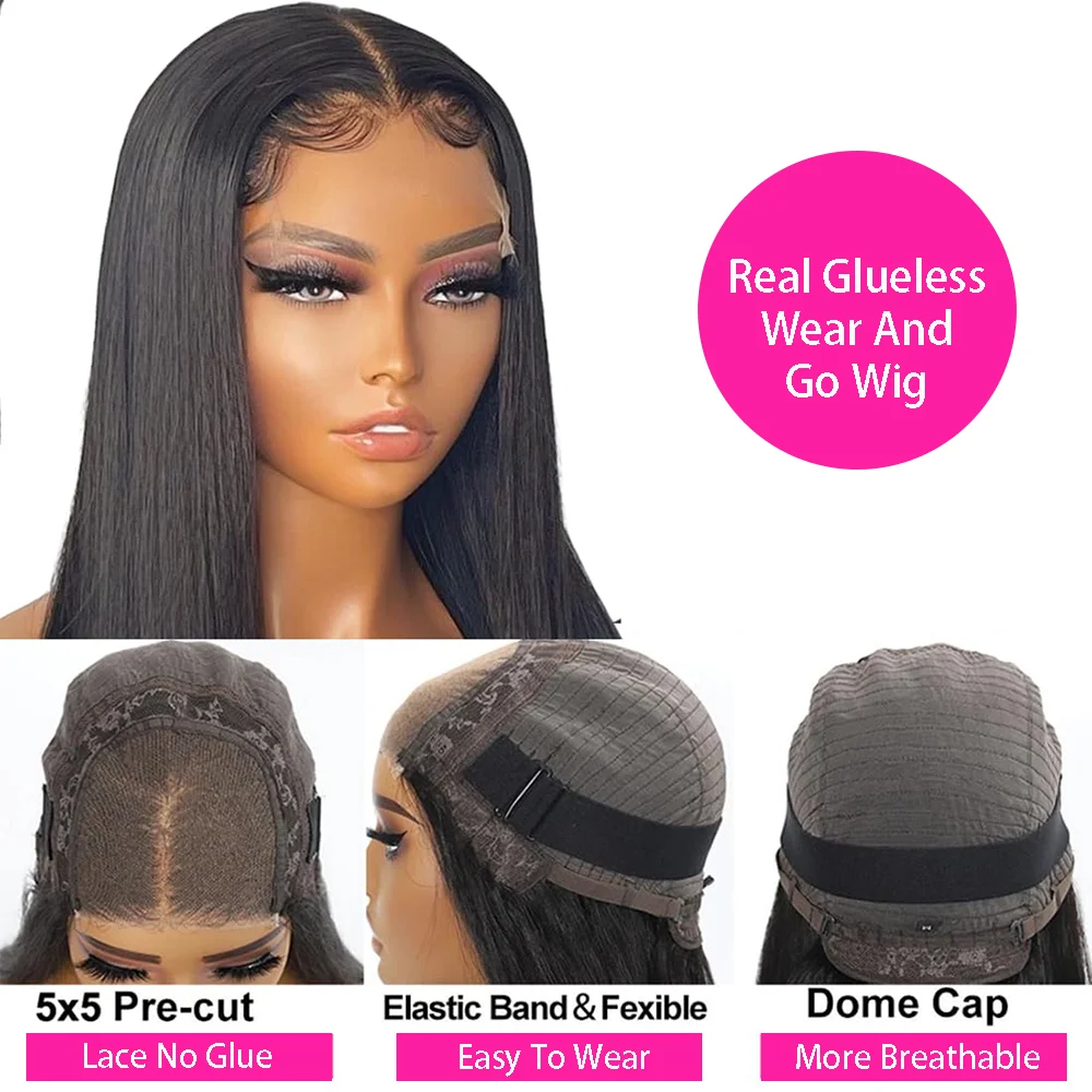 Perruque Lace Front Wig sans colle naturelle, cheveux lisses, 5x5, pre-plucked, naissance des cheveux, prête à porter, 100% vrais cheveux humains