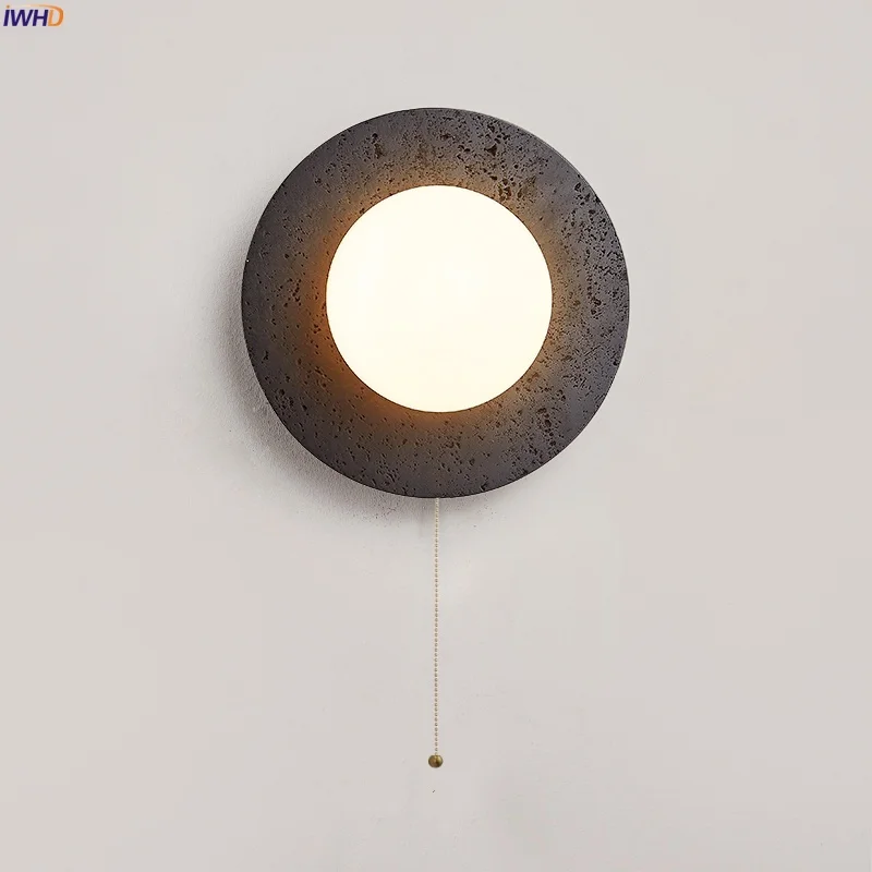 

IWHD Circular Stone LED Wall Lamp Bedside Stair Pull Chain Switch Black Travertine Japan Wabi Sabi Living Room Lights Arandela
